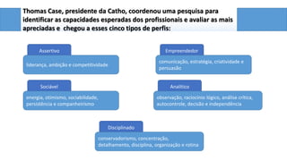 Thomas Case, presidente da Catho, coordenou uma pesquisa para
identificar as capacidades esperadas dos profissionais e avaliar as mais
apreciadas e chegou a esses cinco tipos de perfis:
Assertivo

Empreendedor

liderança, ambição e competitividade

Sociável

comunicação, estratégia, criatividade e
persuasão
Analítico

energia, otimismo, sociabilidade,
persistência e companheirismo

observação, raciocínio lógico, análise crítica,
autocontrole, decisão e independência

Disciplinado
conservadorismo, concentração,
detalhamento, disciplina, organização e rotina

 