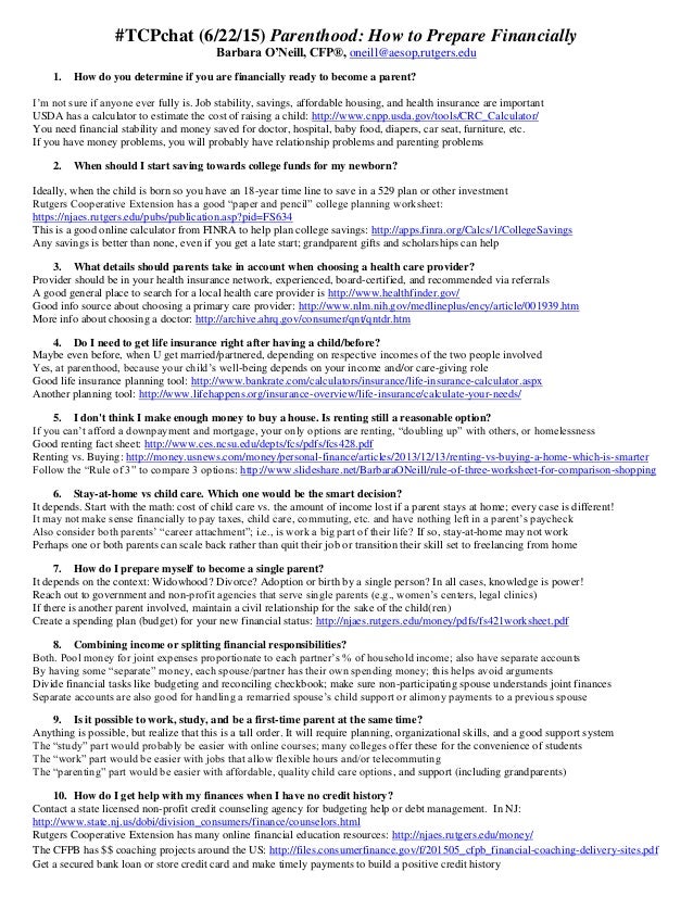 TCPchat Questions and AnswersPreparing Financially for Parenthood