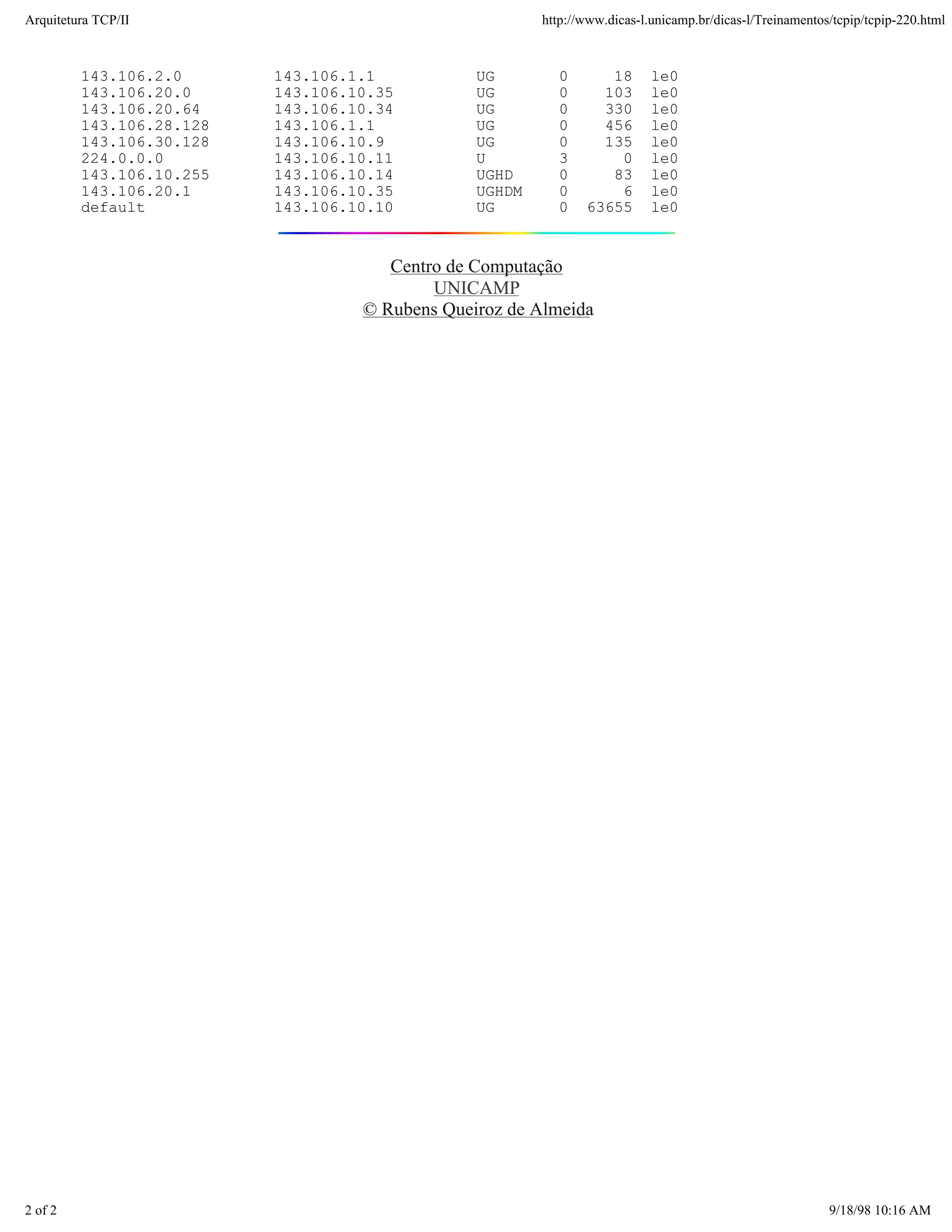 Arquitetura TCP/IP                                      http://www.dicas-l.unicamp.br/dicas-l/Treinamentos/tcpip/tcpip-220.html



         143.106.2.0      143.106.1.1           UG        0       18       le0
         143.106.20.0     143.106.10.35         UG        0      103       le0
         143.106.20.64    143.106.10.34         UG        0      330       le0
         143.106.28.128   143.106.1.1           UG        0      456       le0
         143.106.30.128   143.106.10.9          UG        0      135       le0
         224.0.0.0        143.106.10.11         U         3        0       le0
         143.106.10.255   143.106.10.14         UGHD      0       83       le0
         143.106.20.1     143.106.10.35         UGHDM     0        6       le0
         default          143.106.10.10         UG        0    63655       le0


                                      Centro de Computação
                                           UNICAMP
                                   © Rubens Queiroz de Almeida




2 of 2                                                                                                    9/18/98 10:16 AM
 