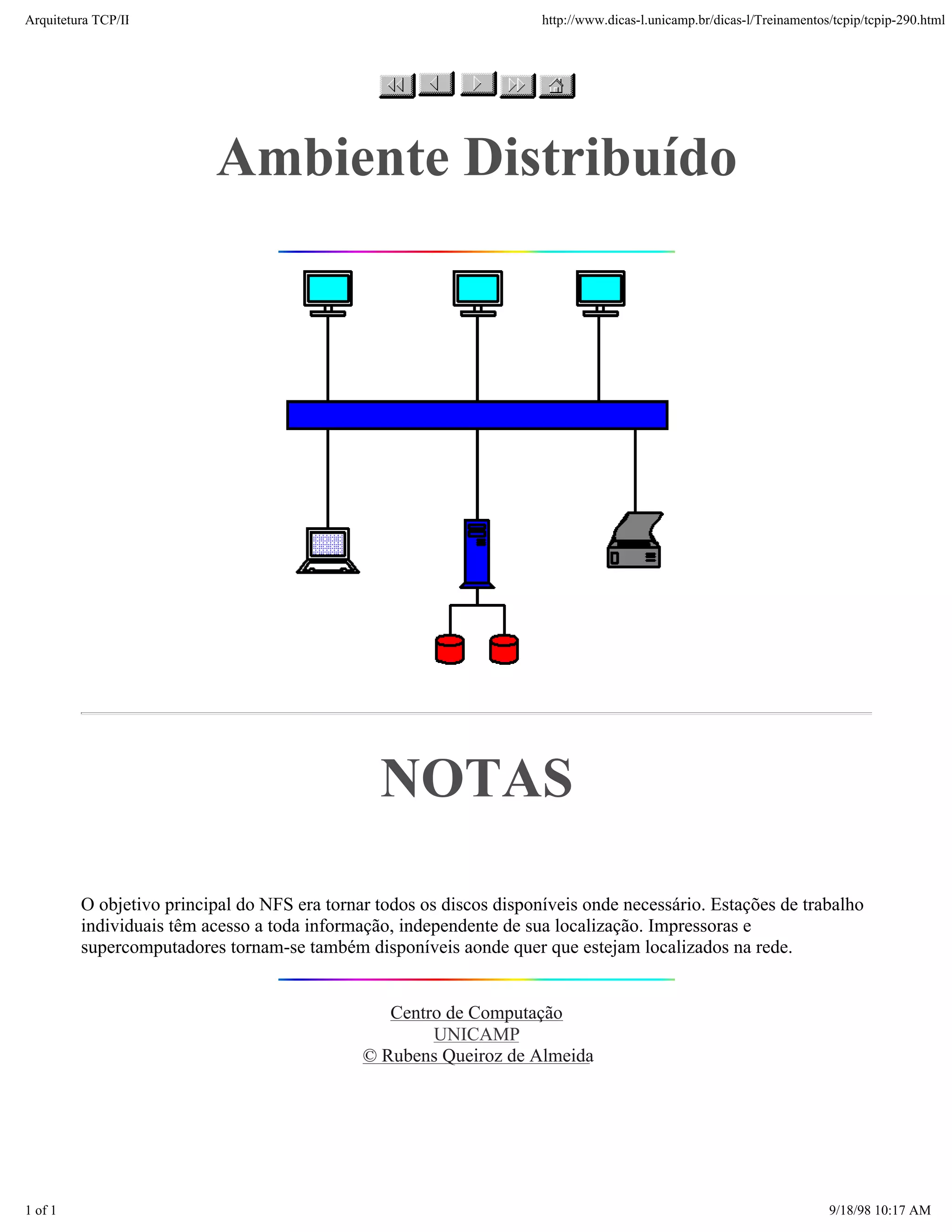 Arquitetura TCP/IP                                                    http://www.dicas-l.unicamp.br/dicas-l/Treinamentos/tcpip/tcpip-290.html




                          Ambiente Distribuído




                                                NOTAS

         O objetivo principal do NFS era tornar todos os discos disponíveis onde necessário. Estações de trabalho
         individuais têm acesso a toda informação, independente de sua localização. Impressoras e
         supercomputadores tornam-se também disponíveis aonde quer que estejam localizados na rede.


                                                 Centro de Computação
                                                      UNICAMP
                                              © Rubens Queiroz de Almeida




1 of 1                                                                                                                  9/18/98 10:17 AM
 
