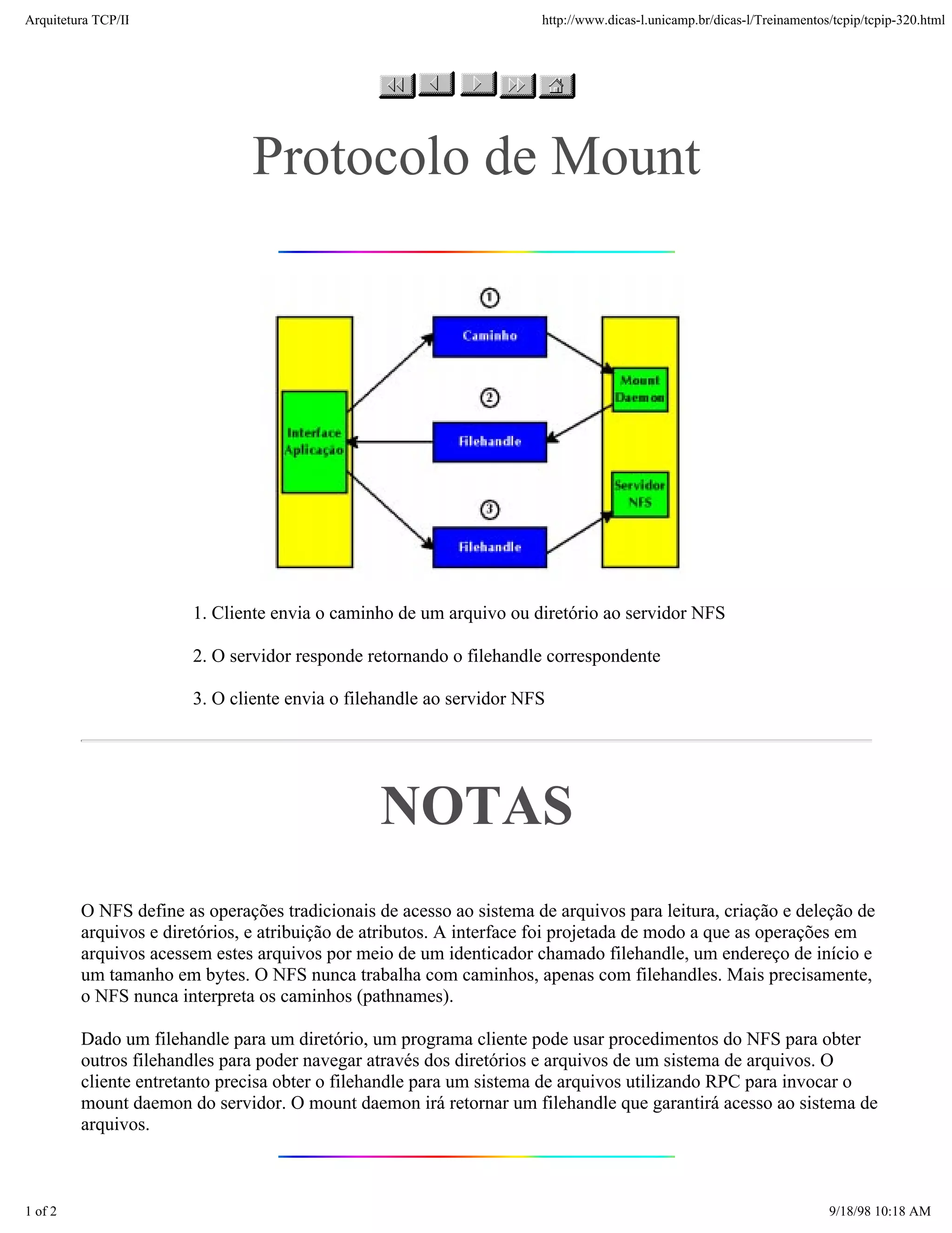 Arquitetura TCP/IP                                                    http://www.dicas-l.unicamp.br/dicas-l/Treinamentos/tcpip/tcpip-320.html




                               Protocolo de Mount




                       1. Cliente envia o caminho de um arquivo ou diretório ao servidor NFS

                       2. O servidor responde retornando o filehandle correspondente

                       3. O cliente envia o filehandle ao servidor NFS




                                                NOTAS
         O NFS define as operações tradicionais de acesso ao sistema de arquivos para leitura, criação e deleção de
         arquivos e diretórios, e atribuição de atributos. A interface foi projetada de modo a que as operações em
         arquivos acessem estes arquivos por meio de um identicador chamado filehandle, um endereço de início e
         um tamanho em bytes. O NFS nunca trabalha com caminhos, apenas com filehandles. Mais precisamente,
         o NFS nunca interpreta os caminhos (pathnames).

         Dado um filehandle para um diretório, um programa cliente pode usar procedimentos do NFS para obter
         outros filehandles para poder navegar através dos diretórios e arquivos de um sistema de arquivos. O
         cliente entretanto precisa obter o filehandle para um sistema de arquivos utilizando RPC para invocar o
         mount daemon do servidor. O mount daemon irá retornar um filehandle que garantirá acesso ao sistema de
         arquivos.



1 of 2                                                                                                                  9/18/98 10:18 AM
 