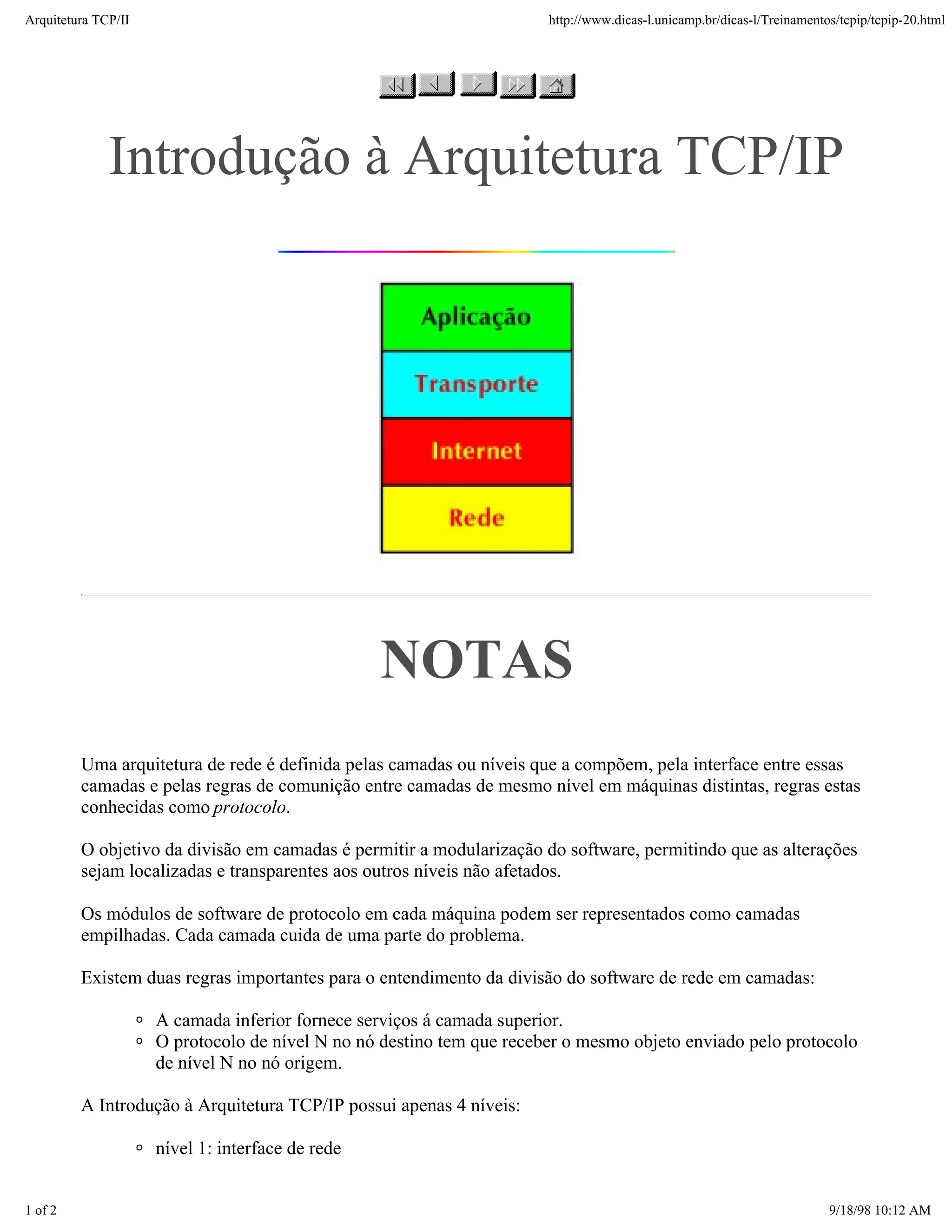 Arquitetura TCP/IP                                                     http://www.dicas-l.unicamp.br/dicas-l/Treinamentos/tcpip/tcpip-20.html




             Introdução à Arquitetura TCP/IP




                                                  NOTAS
         Uma arquitetura de rede é definida pelas camadas ou níveis que a compõem, pela interface entre essas
         camadas e pelas regras de comunição entre camadas de mesmo nível em máquinas distintas, regras estas
         conhecidas como protocolo.

         O objetivo da divisão em camadas é permitir a modularização do software, permitindo que as alterações
         sejam localizadas e transparentes aos outros níveis não afetados.

         Os módulos de software de protocolo em cada máquina podem ser representados como camadas
         empilhadas. Cada camada cuida de uma parte do problema.

         Existem duas regras importantes para o entendimento da divisão do software de rede em camadas:

                     A camada inferior fornece serviços á camada superior.
                     O protocolo de nível N no nó destino tem que receber o mesmo objeto enviado pelo protocolo
                     de nível N no nó origem.

         A Introdução à Arquitetura TCP/IP possui apenas 4 níveis:

                     nível 1: interface de rede


1 of 2                                                                                                                  9/18/98 10:12 AM
 