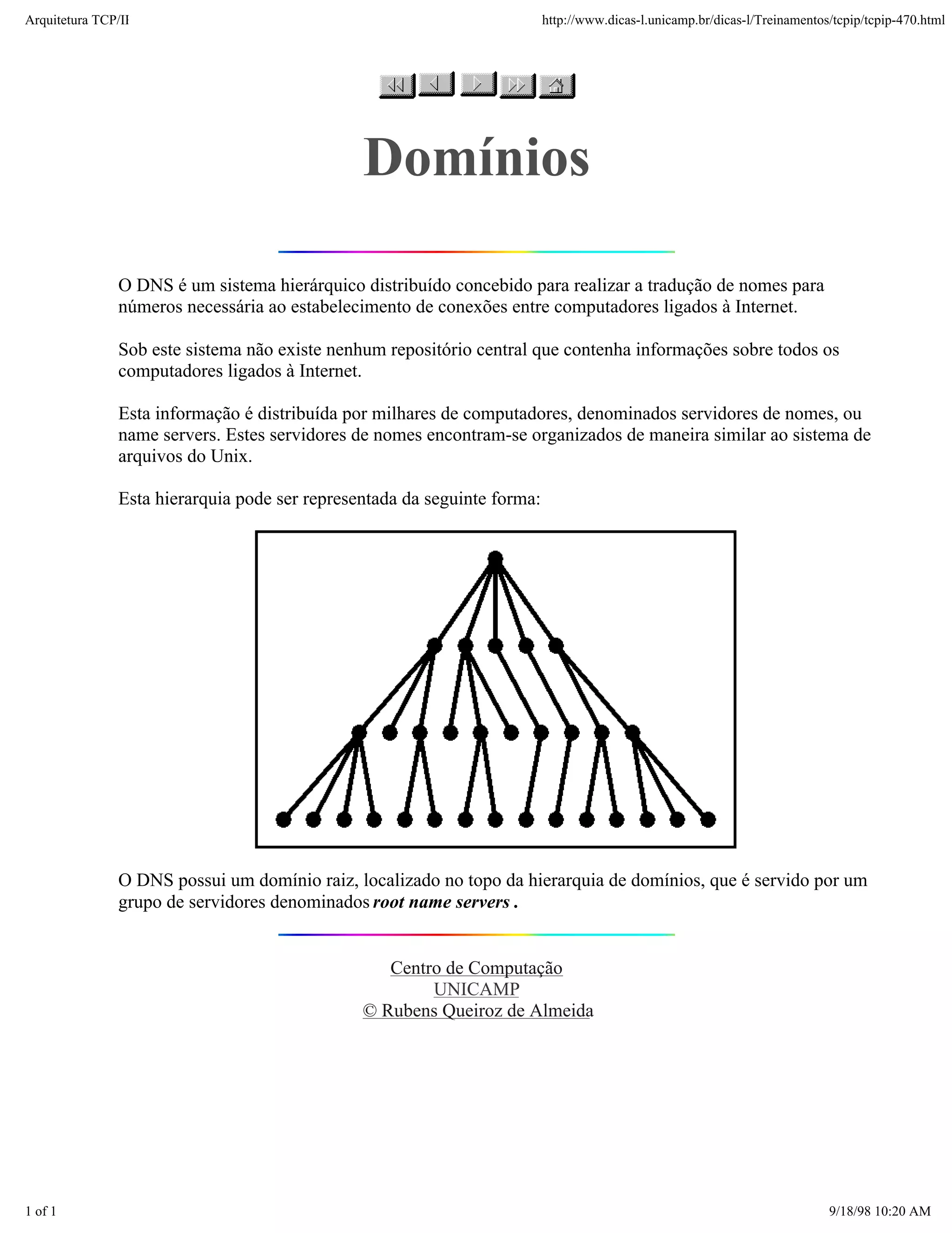 Arquitetura TCP/IP                                                        http://www.dicas-l.unicamp.br/dicas-l/Treinamentos/tcpip/tcpip-470.html




                                               Domínios

               O DNS é um sistema hierárquico distribuído concebido para realizar a tradução de nomes para
               números necessária ao estabelecimento de conexões entre computadores ligados à Internet.

               Sob este sistema não existe nenhum repositório central que contenha informações sobre todos os
               computadores ligados à Internet.

               Esta informação é distribuída por milhares de computadores, denominados servidores de nomes, ou
               name servers. Estes servidores de nomes encontram-se organizados de maneira similar ao sistema de
               arquivos do Unix.

               Esta hierarquia pode ser representada da seguinte forma:




               O DNS possui um domínio raiz, localizado no topo da hierarquia de domínios, que é servido por um
               grupo de servidores denominados root name servers .


                                                  Centro de Computação
                                                       UNICAMP
                                               © Rubens Queiroz de Almeida




1 of 1                                                                                                                      9/18/98 10:20 AM
 