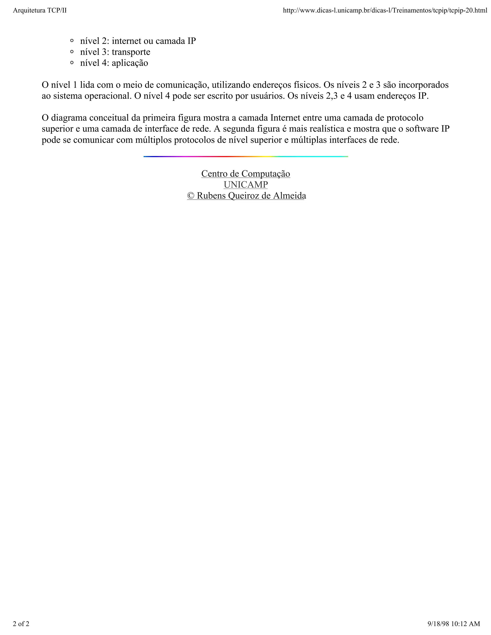 Arquitetura TCP/IP                                                     http://www.dicas-l.unicamp.br/dicas-l/Treinamentos/tcpip/tcpip-20.html



                     nível 2: internet ou camada IP
                     nível 3: transporte
                     nível 4: aplicação

         O nível 1 lida com o meio de comunicação, utilizando endereços físicos. Os níveis 2 e 3 são incorporados
         ao sistema operacional. O nível 4 pode ser escrito por usuários. Os níveis 2,3 e 4 usam endereços IP.

         O diagrama conceitual da primeira figura mostra a camada Internet entre uma camada de protocolo
         superior e uma camada de interface de rede. A segunda figura é mais realística e mostra que o software IP
         pode se comunicar com múltiplos protocolos de nível superior e múltiplas interfaces de rede.


                                                   Centro de Computação
                                                        UNICAMP
                                                © Rubens Queiroz de Almeida




2 of 2                                                                                                                  9/18/98 10:12 AM
 