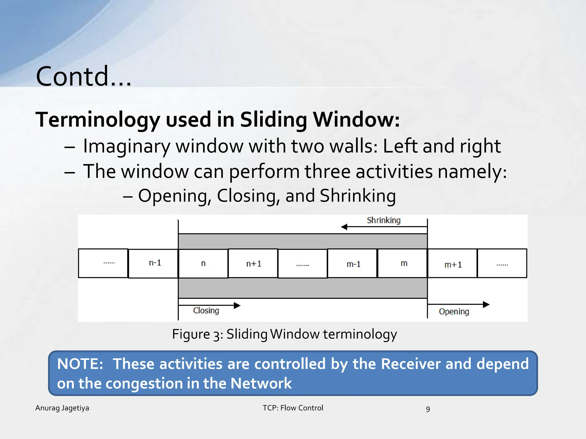Terminology used in Sliding Window:
– Imaginary window with two walls: Left and right
– The window can perform three activities namely:
– Opening, Closing, and Shrinking
Contd…
Anurag Jagetiya 9
TCP: Flow Control
NOTE: These activities are controlled by the Receiver and depend
on the congestion in the Network
Figure 3: SlidingWindow terminology
 