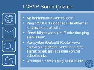 TCP/IP Sorun Çözme Ağ bağlantılarını kontrol edin Ping 127.0.0.1 (loopback) ile ethernet kartınızı kontrol edin Kendi bilgisayarınızın IP adresine ping atabilirsiniz. Varsayılan (Default) Router veya gateway (ağ geçidi) varsa ona ping atarak pc-alt ağ iletişimini kontrol edebilirsiniz. Uzaktaki bir hosta ping atabilirsiniz. 