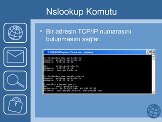 Nslookup Komutu Bir adresin TCP/IP numarasını bulunmasını sağlar.  