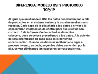 Diferencia: modelo osi y protocolo tcp/ipAl igual que en el modelo OSI, los datos descienden por la pila de protocolos en el sistema emisor y la escalan en el extremo receptor. Cada capa de la pila añade a los datos a enviar a la capa inferior, información de control para que el envío sea correcto. Esta información de control se denomina cabecera, pues se coloca precediendo a los datos. A la adición de esta información en cada capa se le denomina encapsulación. Cuando los datos se reciben tiene lugar el proceso inverso, es decir, según los datos ascienden por la pila, se van eliminando las cabeceras correspondientes.
