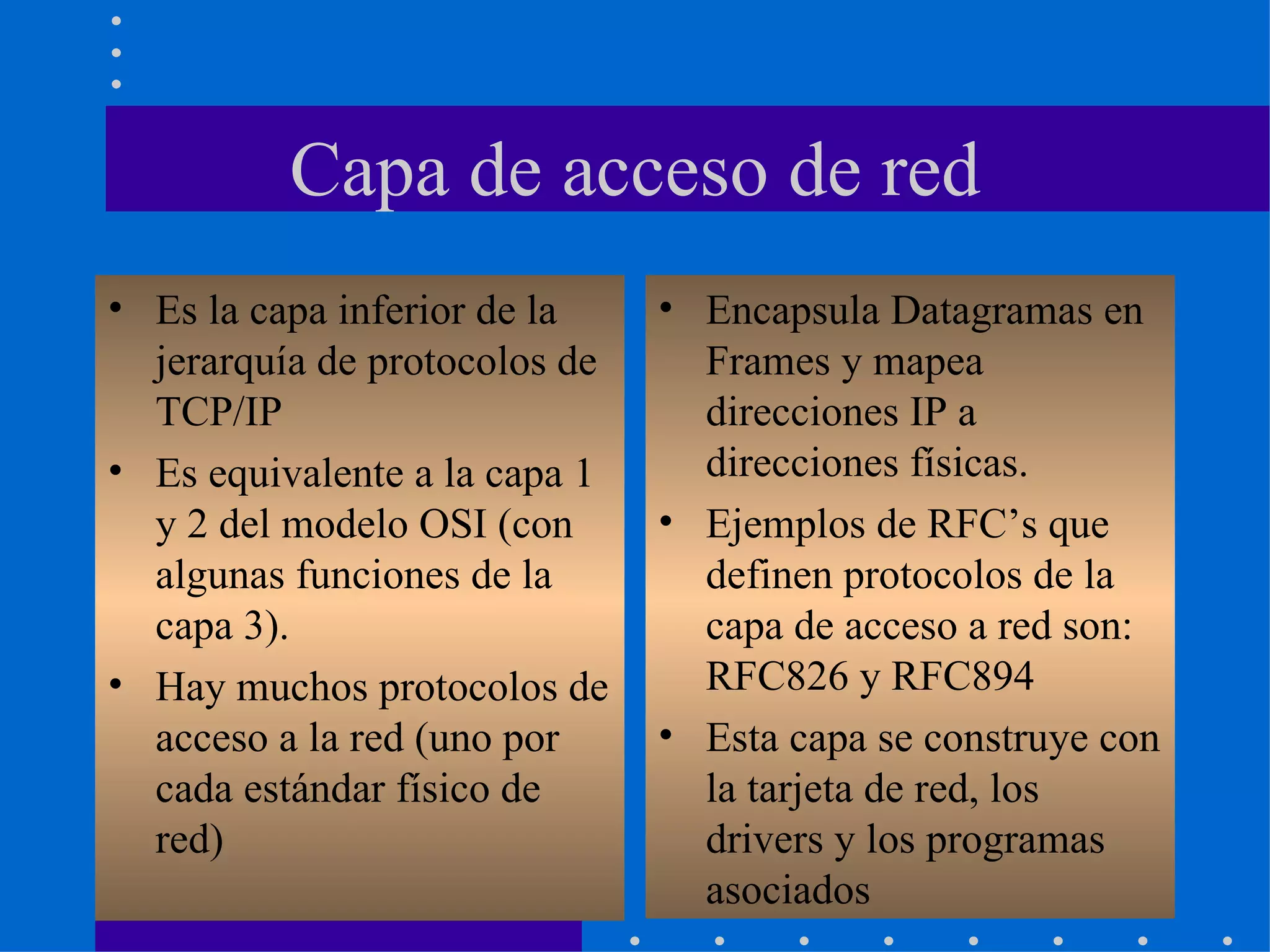Capa de acceso de red Es la capa inferior de la jerarquía de protocolos de TCP/IP Es equivalente a la capa 1 y 2 del modelo OSI (con algunas funciones de la capa 3). Hay muchos protocolos de acceso a la red (uno por cada estándar físico de red) Encapsula Datagramas en Frames y mapea direcciones IP a direcciones físicas. Ejemplos de RFC’s que definen protocolos de la capa de acceso a red son: RFC826 y RFC894 Esta capa se construye con la tarjeta de red, los drivers y los programas asociados 