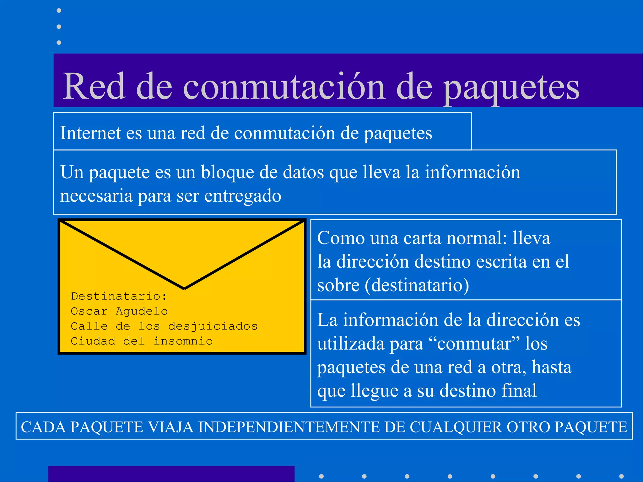 Red de conmutación de paquetes Un paquete es un bloque de datos que lleva la información  necesaria para ser entregado Internet es una red de conmutación de paquetes Como una carta normal: lleva la dirección destino escrita en el  sobre (destinatario) Destinatario:  Oscar Agudelo Calle de los desjuiciados Ciudad del insomnio La información de la dirección es  utilizada para “conmutar” los  paquetes de una red a otra, hasta  que llegue a su destino final CADA PAQUETE VIAJA INDEPENDIENTEMENTE DE CUALQUIER OTRO PAQUETE 