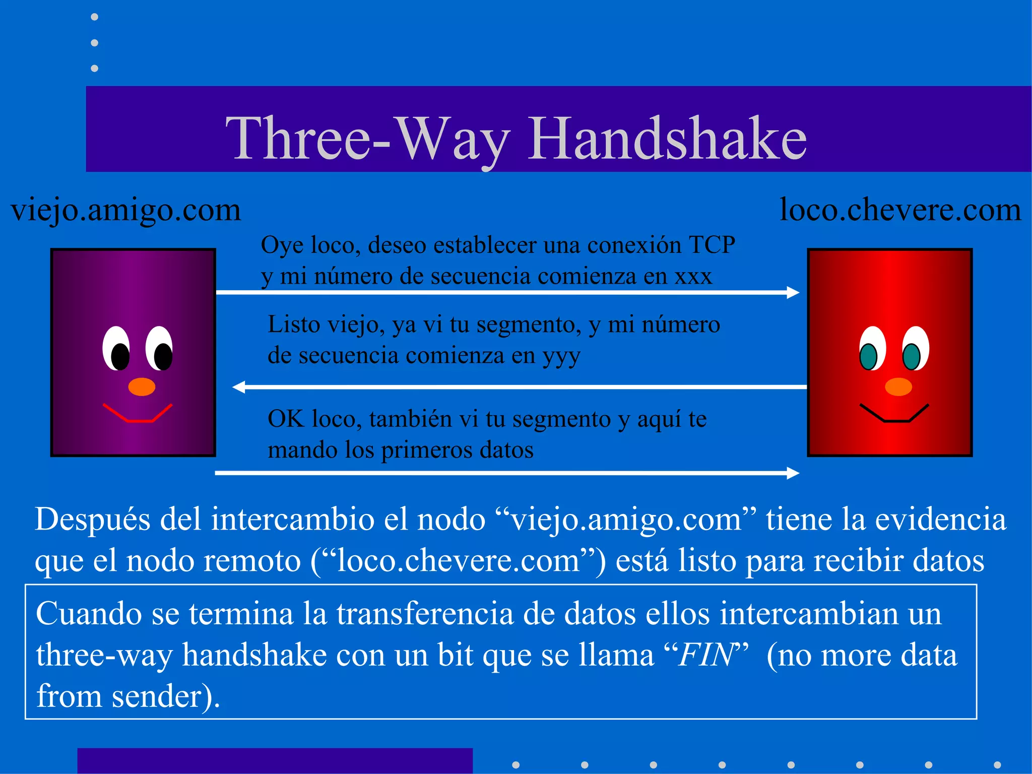 Three-Way Handshake Oye loco, deseo establecer una conexión TCP y mi número de secuencia comienza en xxx Listo viejo, ya vi tu segmento, y mi número  de secuencia comienza en yyy OK loco, también vi tu segmento y aquí te  mando los primeros datos Después del intercambio el nodo “viejo.amigo.com” tiene la evidencia que el nodo remoto (“loco.chevere.com”) está listo para recibir datos  viejo.amigo.com loco.chevere.com Cuando se termina la transferencia de datos ellos intercambian un three-way handshake con un bit que se llama “ FIN ”  (no more data  from sender).  
