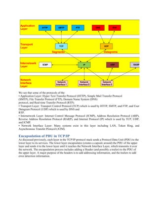 We see that some of the protocols of the:
• Application Layer: Hyper Text Transfer Protocol (HTTP), Simple Mail Transfer Protocol
(SMTP), File Transfer Protocol (FTP), Domain Name System (DNS)
protocol, and Real‐time Transfer Protocol (RTP).
• Transport Layer: Transport Control Protocol (TCP) which is used by HTTP, SMTP, and FTP, and User
Datagram Protocol (UDP) which is used by DNS and
RTP.
• Internetwork Layer: Internet Control Message Protocol (ICMP), Address Resolution Protocol (ARP),
Reverse Address Resolution Protocol (RARP), and Internet Protocol (IP) which is used by TCP, UDP,
and ICMP.
• Network Interface Layer: Many systems exist in this layer including LAN, Token Ring, and
Asynchronous Transfer Protocol (ATM).

Encapsulation of PDU in TCP/IP
As discussed previously, each layer in the TCP/IP protocol stack sends a Protocol Data Unit (PDU) to the
lower layer to its services. The lower layer encapsulates (creates a capsule around) the PDU of the upper
layer and sends it to the lower layer until it reaches the Network Interface Layer, which transmits it over
the network. The encapsulation process includes adding a Header (and possibly a trailer) to the PDU of
the upper layer. A major purpose of the headers is to add addressing information, and the trailers to add
error detection information.
 