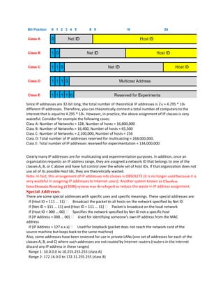 Since IP addresses are 32‐bit long, the total number of theoretical IP addresses is 232 ≈ 4.295 * 109
different IP addresses. Therefore, you can theoretically connect a total number of computers to the
Internet that is equal to 4.295 * 109. However, in practice, the above assignment of IP classes is very
wasteful. Consider for example the following cases:
Class A: Number of Networks ≈ 128, Number of hosts ≈ 16,800,000
Class B: Number of Networks ≈ 16,400, Number of hosts ≈ 65,500
Class C: Number of Networks ≈ 2,100,000, Number of hosts ≈ 256
Class D: Total number of IP addresses reserved for multicasting ≈ 268,000,000,
Class E: Total number of IP addresses reserved for experimentation ≈ 134,000,000


Clearly many IP addresses are for multicasting and experimentation purposes. In addition, once an
organization requests an IP address range, they are assigned a network ID that belongs to one of the
classes A, B, or C above and have full control over the whole set of host IDs. If that organization does not
use all of its possible Host Ids, they are theoretically wasted.
Note: In fact, this arrangement of IP addresses into classes is OBSOLETE (it is no longer used because it is
very wasteful in assigning IP addresses to Internet users). Another system known as Classless
InterDomain Routing (CIDR) system was developed to reduce the waste in IP address assignment.
Special Addresses
There are some special addresses with specific uses and specific meanings. These special addresses are:
  If (Host ID = 111 … 11)  Broadcast the packet to all hosts on the network specified by Net ID
  If (Net ID = 111 … 11) and (Host ID = 111 … 11)  Packet is broadcast on the local network
  If (Host ID = 000 … 00)  Specifies the network specified by Net ID not a specific host
  If (IP Address = 000 … 00)  Used for identifying someone’s own IP address from the MAC
address
  If (IP Address = 127.x.x.x)  Used for loopback (packet does not reach the network card of the
source machine but loops back to the same machine)
Also, some addresses have been reserved for use in private LANs (one set of addresses for each of the
classes A, B, and C) where such addresses are not routed by Internet routers (routers in the Internet
discard any IP address in these ranges)
  Range 1: 10.0.0.0 to 10.255.255.255 (class A)
  Range 2: 172.16.0.0 to 172.31.255.255 (class B)
 