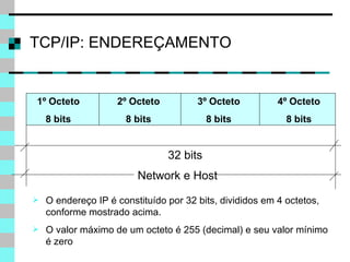 TCP/IP: ENDEREÇAMENTO 1º Octeto 8 bits 2º Octeto 8 bits 3º Octeto 8 bits 4º Octeto 8 bits 32 bits Network e Host O endereço IP é constituído por 32 bits, divididos em 4 octetos, conforme mostrado acima . O valor máximo de um octeto é 255 (decimal) e seu valor mínimo é zero 