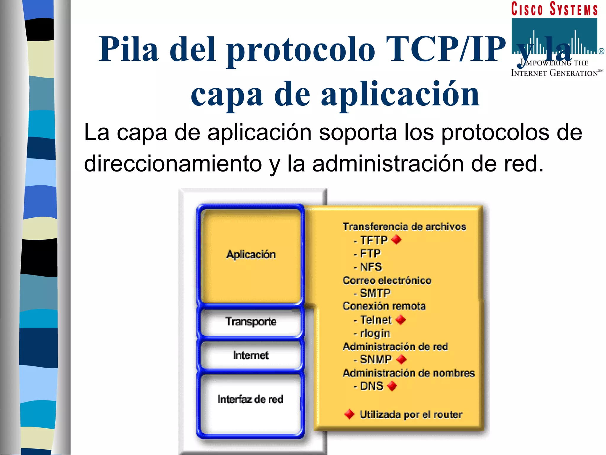 Pila del protocolo TCP/IP y la capa de aplicación La capa de aplicación soporta los protocolos de  direccionamiento y la administración de red.   