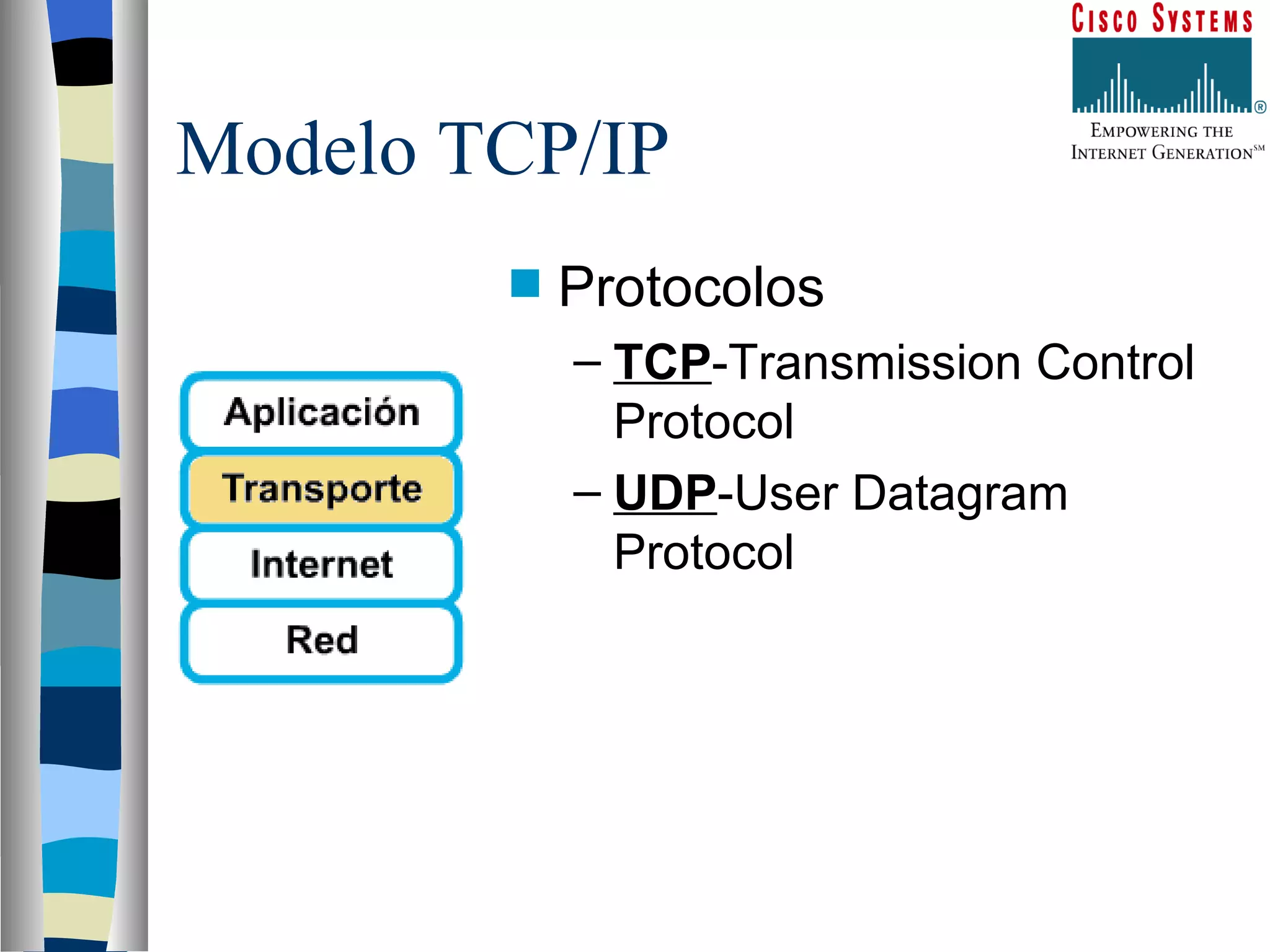 Modelo TCP/IP Protocolos TCP -Transmission Control Protocol UDP -User Datagram Protocol 