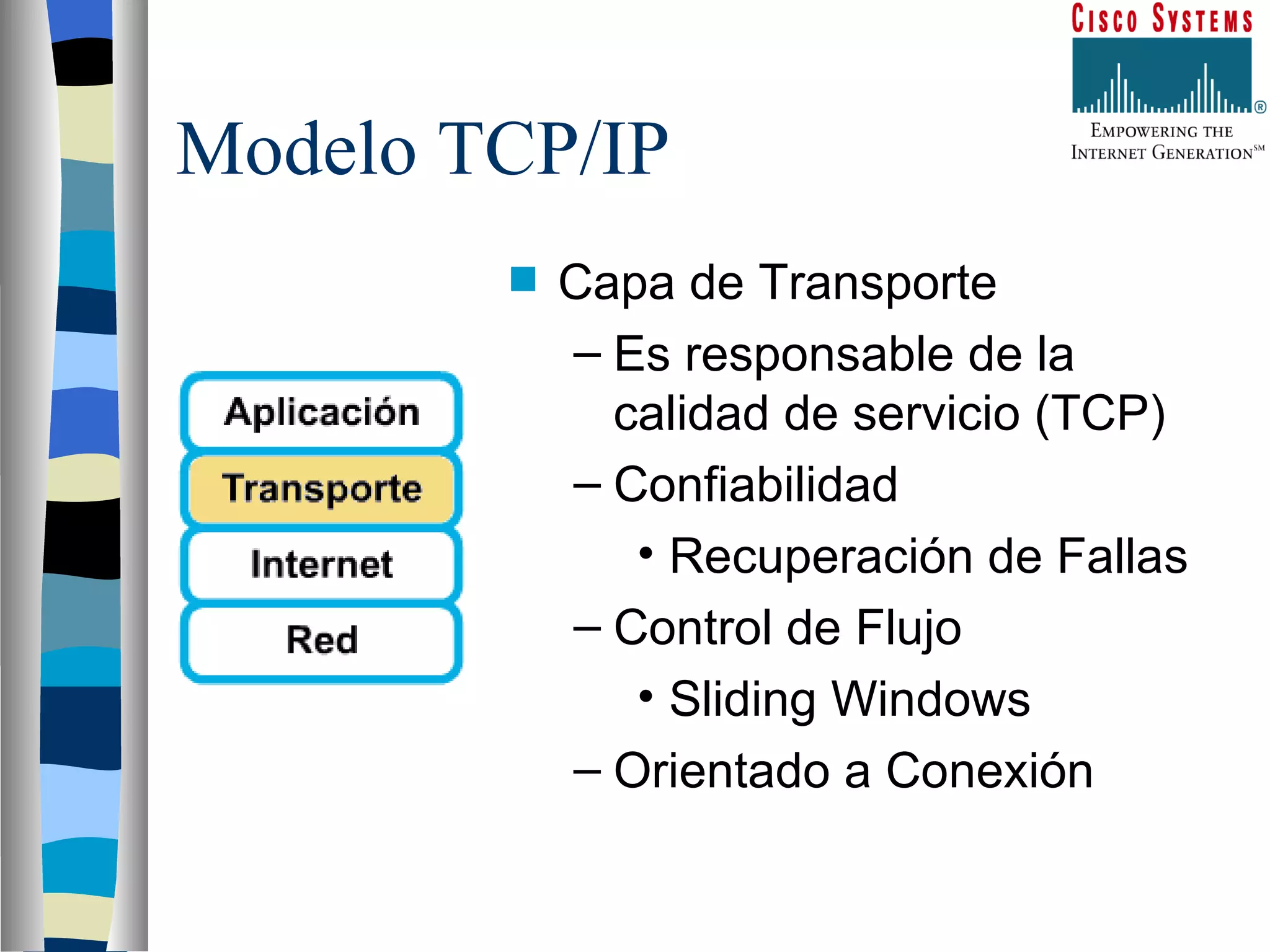 Modelo TCP/IP Capa de Transporte Es responsable de la calidad de servicio (TCP) Confiabilidad Recuperación de Fallas Control de Flujo Sliding Windows Orientado a Conexión 