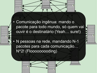 • Comunicação ingênua: mando o
  pacote para todo mundo, só quem vai
  ouvir é o destinatário (Yeah… sure!)

• N pessoas na rede, mandando N-1
  pacotes para cada comunicação…
  N^2! (Flooooooooding)
 