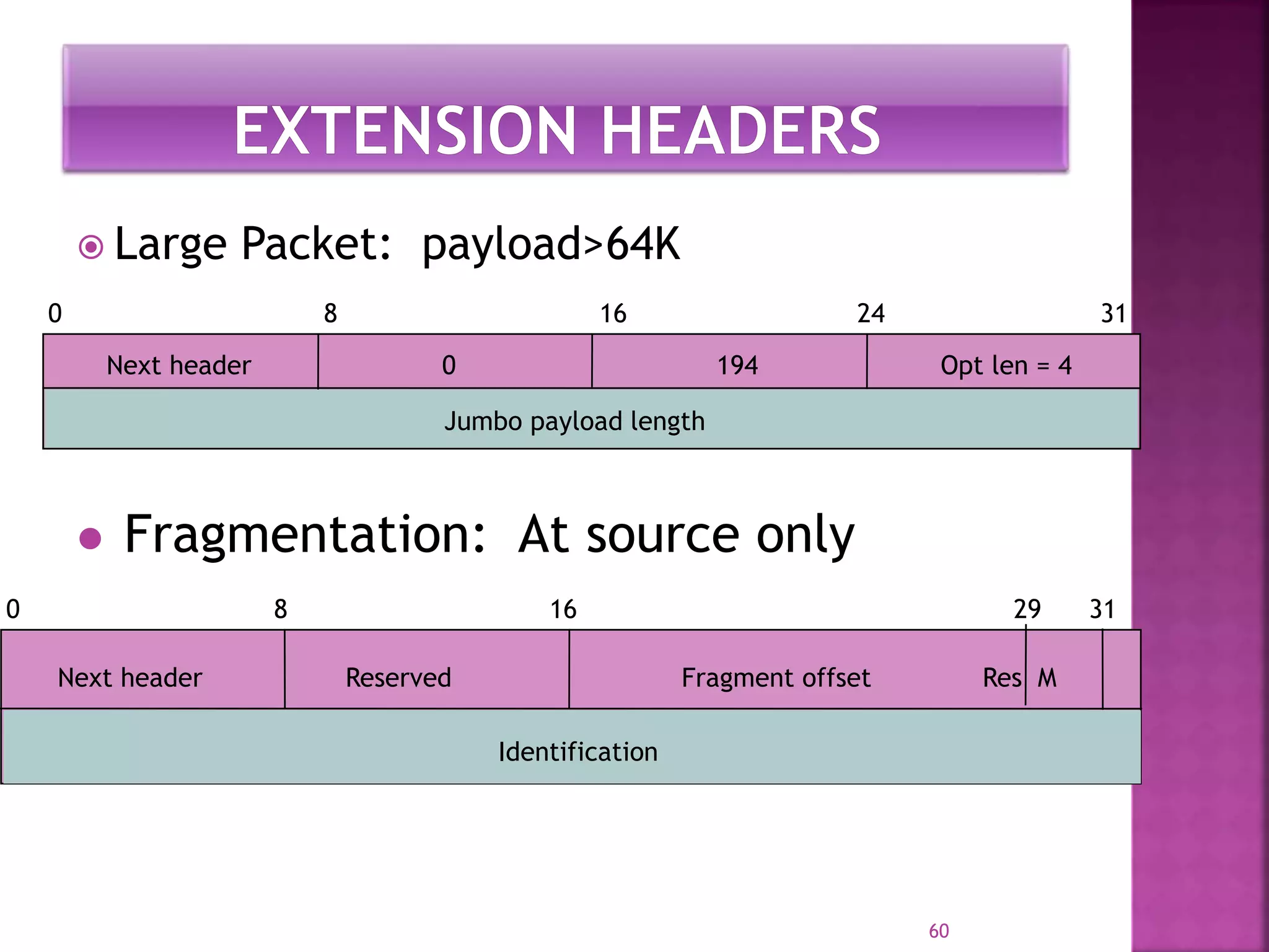  Large Packet: payload>64K
60
Next header 0 194 Opt len = 4
Jumbo payload length
0 8 16 24 31
 Fragmentation: At source only
Next header Reserved Fragment offset Res M
Identification
0 8 16 29 31
 