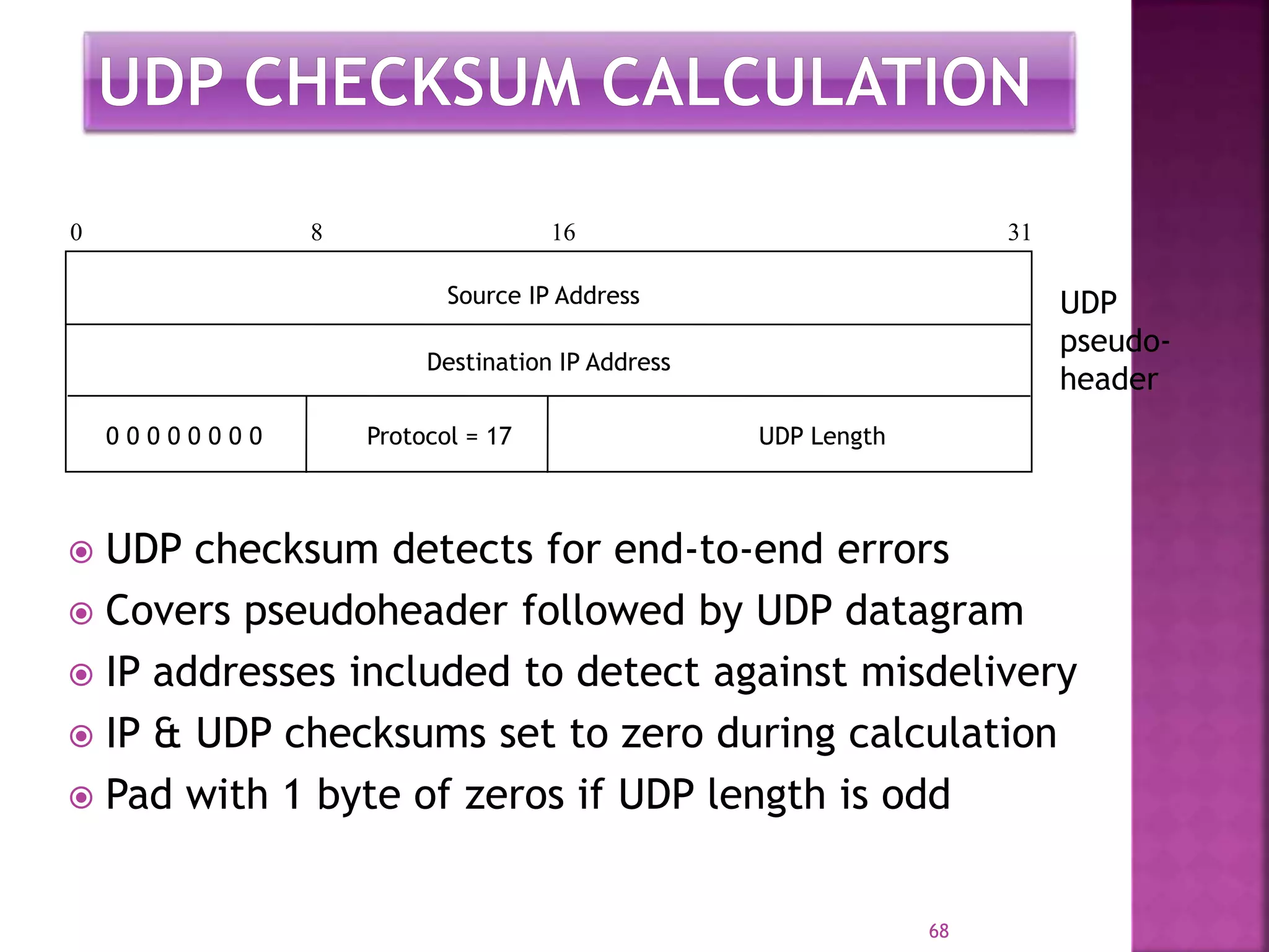  UDP checksum detects for end-to-end errors
 Covers pseudoheader followed by UDP datagram
 IP addresses included to detect against misdelivery
 IP & UDP checksums set to zero during calculation
 Pad with 1 byte of zeros if UDP length is odd
68
0 0 0 0 0 0 0 0 Protocol = 17 UDP Length
Source IP Address
Destination IP Address
0 8 16 31
UDP
pseudo-
header
 