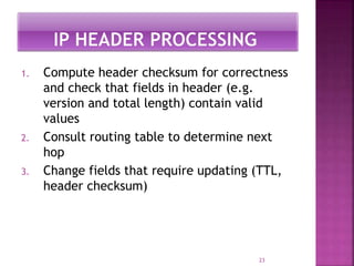 1. Compute header checksum for correctness
and check that fields in header (e.g.
version and total length) contain valid
values
2. Consult routing table to determine next
hop
3. Change fields that require updating (TTL,
header checksum)
23
 
