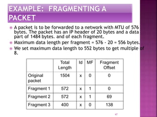  A packet is to be forwarded to a network with MTU of 576
bytes. The packet has an IP header of 20 bytes and a data
part of 1484 bytes. and of each fragment.
 Maximum data length per fragment = 576 - 20 = 556 bytes.
 We set maximum data length to 552 bytes to get multiple of
8.
47
Total
Length
Id MF Fragment
Offset
Original
packet
1504 x 0 0
Fragment 1 572 x 1 0
Fragment 2 572 x 1 69
Fragment 3 400 x 0 138
 