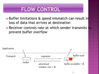 Buffer limitations & speed mismatch can result in
loss of data that arrives at destination
 Receiver controls rate at which sender transmits to
prevent buffer overflow
73
buffer
segments buffer used
Application
Transport
advertised
window size < B
buffer available = B
 