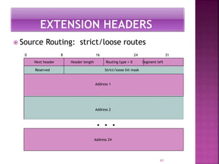  Source Routing: strict/loose routes
61
Reserved Strict/loose bit mask
Address 1
Address 2
0 8 16 24 31
Next header Heade...