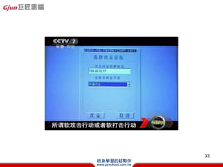 IP Address Class(Cont.)
? Class C
  C Network ID3 Byte Host ID1 Bytes
  C Net ID192-223
  110

  C Total Network ID 224-3 -2=221 -2=2,097,152
  C ÿNetwork IDHOSTĿ=28-2=254
? Class D(ǰĂbit1110)
  C Ⱥ
? Class E(ǰĂbit1111)
  C 



                                                 33
 