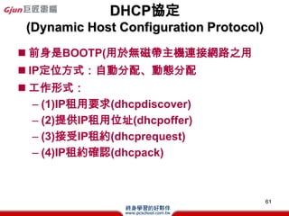 Э
   (Routing Information Protocol)
? ·Ʌf
? routerrouter֮gYϽQ
? ָ
  C C:>route print(@ʾC·ɱ)netstat -r
Windows 2003 ֻ֧Ԯ RIP(Routing Information
  Protocol) and OSPF(Open Shortest Path First)
  ɷNf·ɱ·Č.֧ԮTCP/IP
  host Ҳrouting table

                                                 61
 