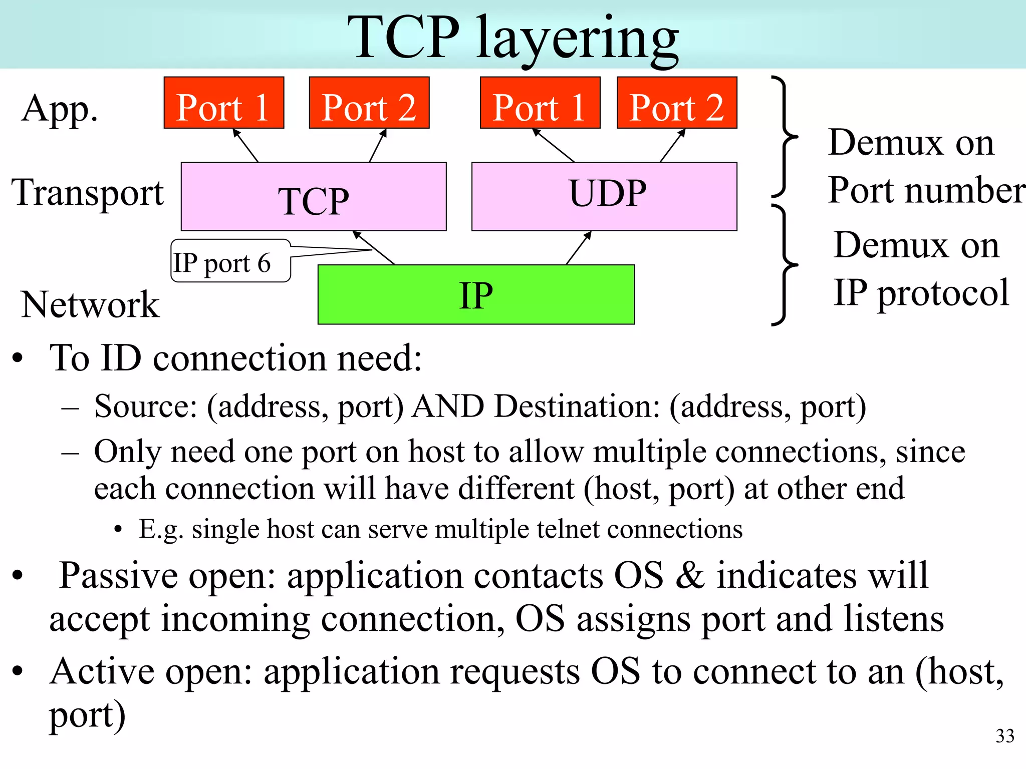 33
TCP layering
• To ID connection need:
– Source: (address, port) AND Destination: (address, port)
– Only need one port on host to allow multiple connections, since
each connection will have different (host, port) at other end
• E.g. single host can serve multiple telnet connections
• Passive open: application contacts OS & indicates will
accept incoming connection, OS assigns port and listens
• Active open: application requests OS to connect to an (host,
port)
IP
Port 1
TCP UDP
Port 2 Port 1 Port 2
Demux on
IP protocol
Demux on
Port number
Network
Transport
App.
IP port 6
 