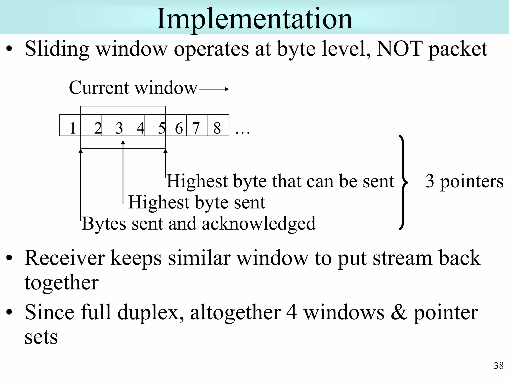 38
Implementation
• Sliding window operates at byte level, NOT packet
• Receiver keeps similar window to put stream back
together
• Since full duplex, altogether 4 windows & pointer
sets
1 2 3 4 5 6 7 8 …
Current window
Highest byte that can be sent
Bytes sent and acknowledged
3 pointers
Highest byte sent
 