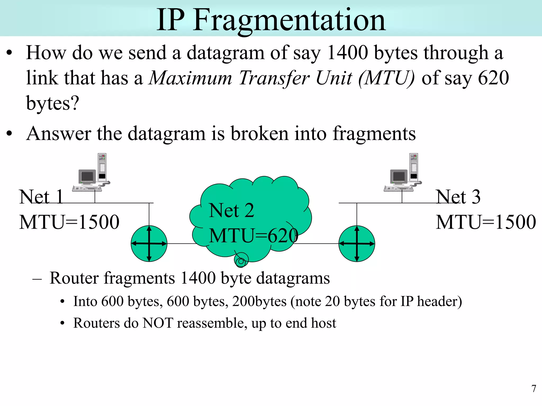 7
IP Fragmentation
• How do we send a datagram of say 1400 bytes through a
link that has a Maximum Transfer Unit (MTU) of say 620
bytes?
• Answer the datagram is broken into fragments
– Router fragments 1400 byte datagrams
• Into 600 bytes, 600 bytes, 200bytes (note 20 bytes for IP header)
• Routers do NOT reassemble, up to end host
Net 1
MTU=1500
Net 2
MTU=620
Net 3
MTU=1500
 