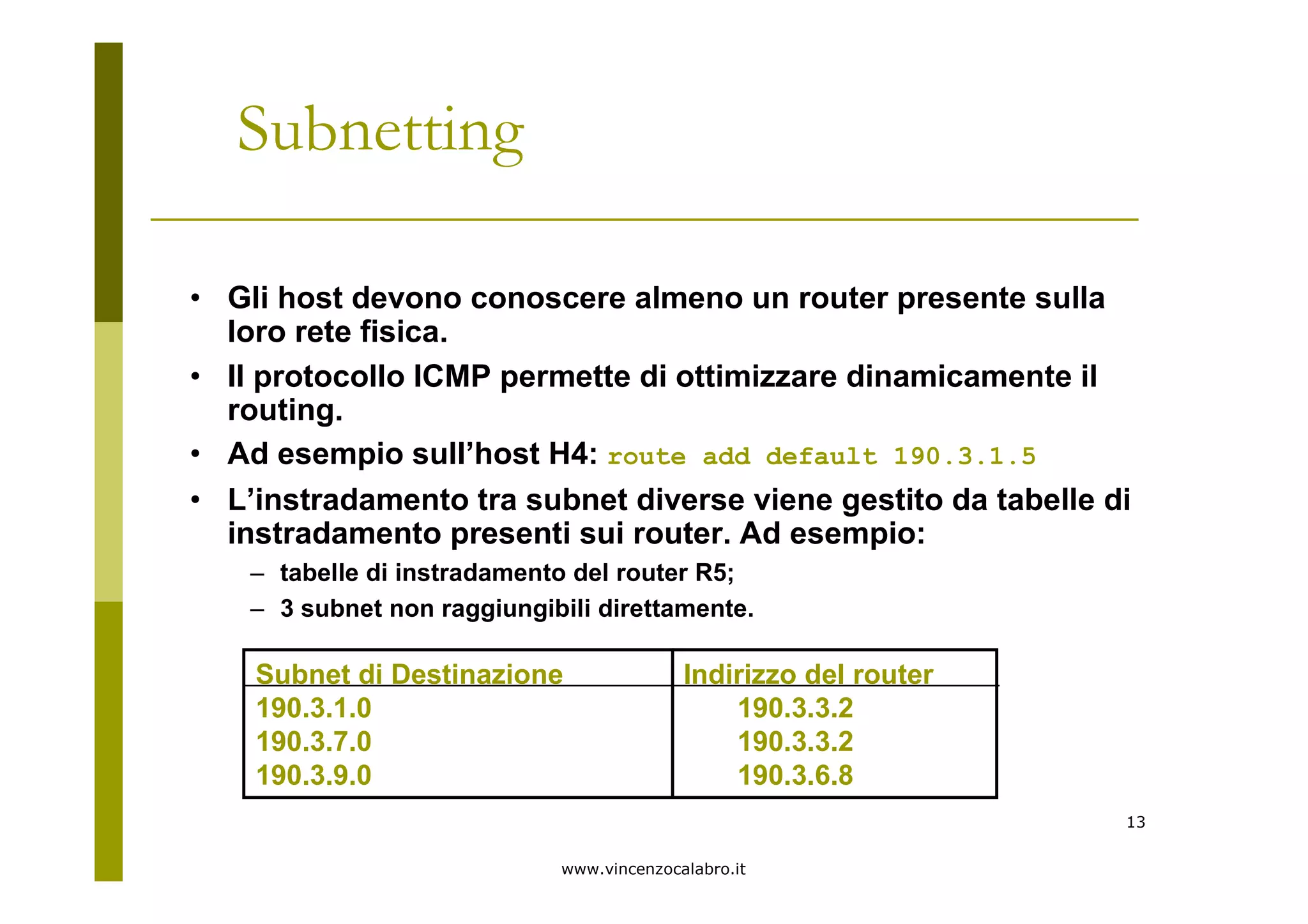 www.vincenzocalabro.it
13
Subnetting
• Gli host devono conoscere almeno un router presente sulla
loro rete fisica.
• Il protocollo ICMP permette di ottimizzare dinamicamente il
routing.
• Ad esempio sull’host H4: route add default 190.3.1.5
• L’instradamento tra subnet diverse viene gestito da tabelle di
instradamento presenti sui router. Ad esempio:
– tabelle di instradamento del router R5;
– 3 subnet non raggiungibili direttamente.
Subnet di Destinazione Indirizzo del router
190.3.1.0 190.3.3.2
190.3.7.0 190.3.3.2
190.3.9.0 190.3.6.8
 