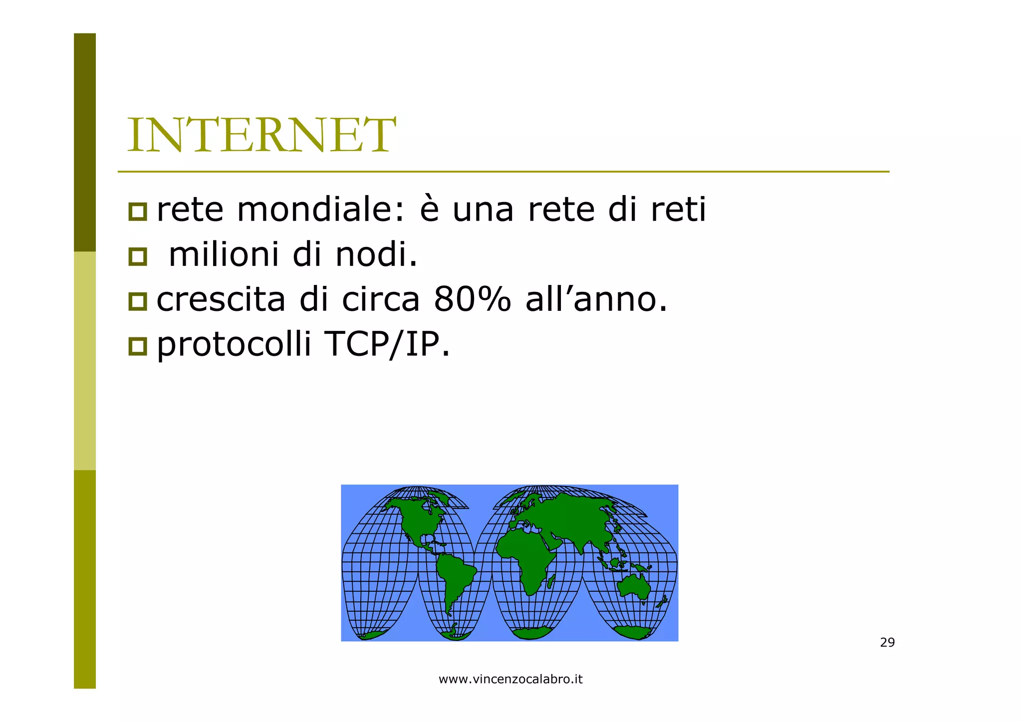 www.vincenzocalabro.it
29
INTERNET
rete mondiale: è una rete di reti
milioni di nodi.
crescita di circa 80% all’anno.
protocolli TCP/IP.
 