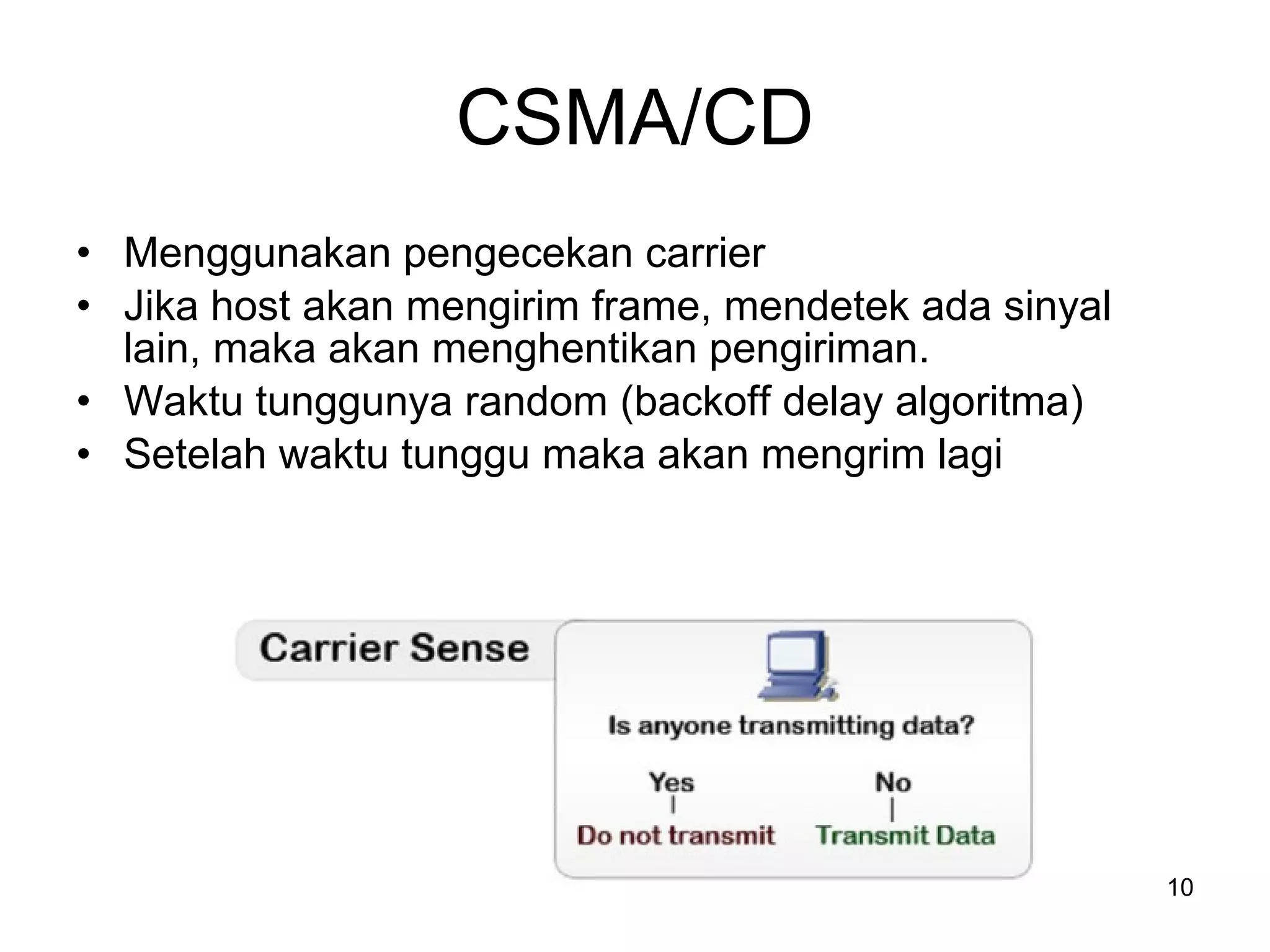 CSMA/CD Menggunakan pengecekan carrier Jika host akan mengirim frame, mendetek ada sinyal lain, maka akan menghentikan pengiriman. Waktu tunggunya random (backoff delay algoritma) Setelah waktu tunggu maka akan mengrim lagi 