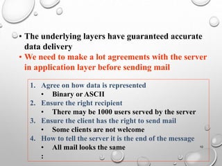 10
• The underlying layers have guaranteed accurate
data delivery
• We need to make a lot agreements with the server
in application layer before sending mail
1. Agree on how data is represented
• Binary or ASCII
2. Ensure the right recipient
• There may be 1000 users served by the server
3. Ensure the client has the right to send mail
• Some clients are not welcome
4. How to tell the server it is the end of the message
• All mail looks the same
:
 