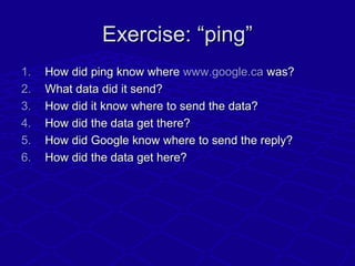 Exercise: “ping”Exercise: “ping”
1.1. How did ping know whereHow did ping know where www.google.cawww.google.ca was?was?
2...