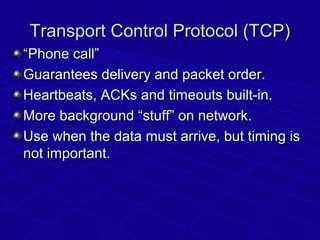 Transport Control Protocol (TCP)Transport Control Protocol (TCP)
““Phone call”Phone call”
Guarantees delivery and packet o...