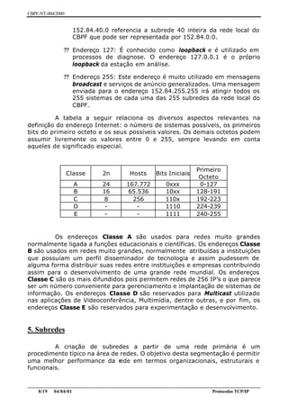 CBPF-NT-004/2000


                     152.84.40.0 referencia a subrede 40 inteira da rede local do
                     CBPF que pode ser representada por 152.84.0.0.

               ?? Endereço 127: É conhecido como loopback e é utilizado em
                  processos de diagnose. O endereço 127.0.0.1 é o próprio
                  loopback da estação em análise.

               ?? Endereço 255: Este endereço é muito utilizado em mensagens
                  broadcast e serviços de anúncio generalizados. Uma mensagem
                  enviada para o endereço 152.84.255.255 irá atingir todos os
                  255 sistemas de cada uma das 255 subredes da rede local do
                  CBPF.

         A tabela a seguir relaciona os diversos aspectos relevantes na
definição do endereço Internet: o número de sistemas possíveis, os primeiros
bits do primeiro octeto e os seus possíveis valores. Os demais octetos podem
assumir livremente os valores entre 0 e 255, sempre levando em conta
aqueles de significado especial.



                                                                     Primeiro
                   Classe     2n          Hosts     Bits Iniciais
                                                                      Octeto
                     A        24        167.772         0xxx          0-127
                     B        16        65.536          10xx         128-191
                     C         8          256           110x         192-223
                     D         -           -            1110         224-239
                     E         -           -            1111         240-255


         Os endereços Classe A são usados para redes muito grandes
normalmente ligada a funções educacionais e científicas. Os endereços Classe
B são usados em redes muito grandes, normalmente atribuídas a instituições
que possuíam um perfil disseminador de tecnologia e assim pudessem de
alguma forma distribuir suas redes entre instituições e empresas contribuindo
assim para o desenvolvimento de uma grande rede mundial. Os endereços
Classe C são os mais difundidos pois permitem redes de 256 IP’s o que parece
ser um número conveniente para gerenciamento e implantação de sistemas de
informação. Os endereços Classe D são reservados para Multicast utilizado
nas aplicações de Videoconferência, Multimídia, dentre outras, e por fim, os
endereços Classe E são reservados para experimentação e desenvolvimento.


5. Subredes

         A criação de subredes a partir de uma rede primária é um
procedimento típico na área de redes. O objetivo desta segmentação é permitir
uma melhor performance da r    ede em termos organizacionais, estruturais e
funcionais.


________________________________________________________________________________________________
    8/19 04/04/01                                                         Protocolos TCP/IP
 