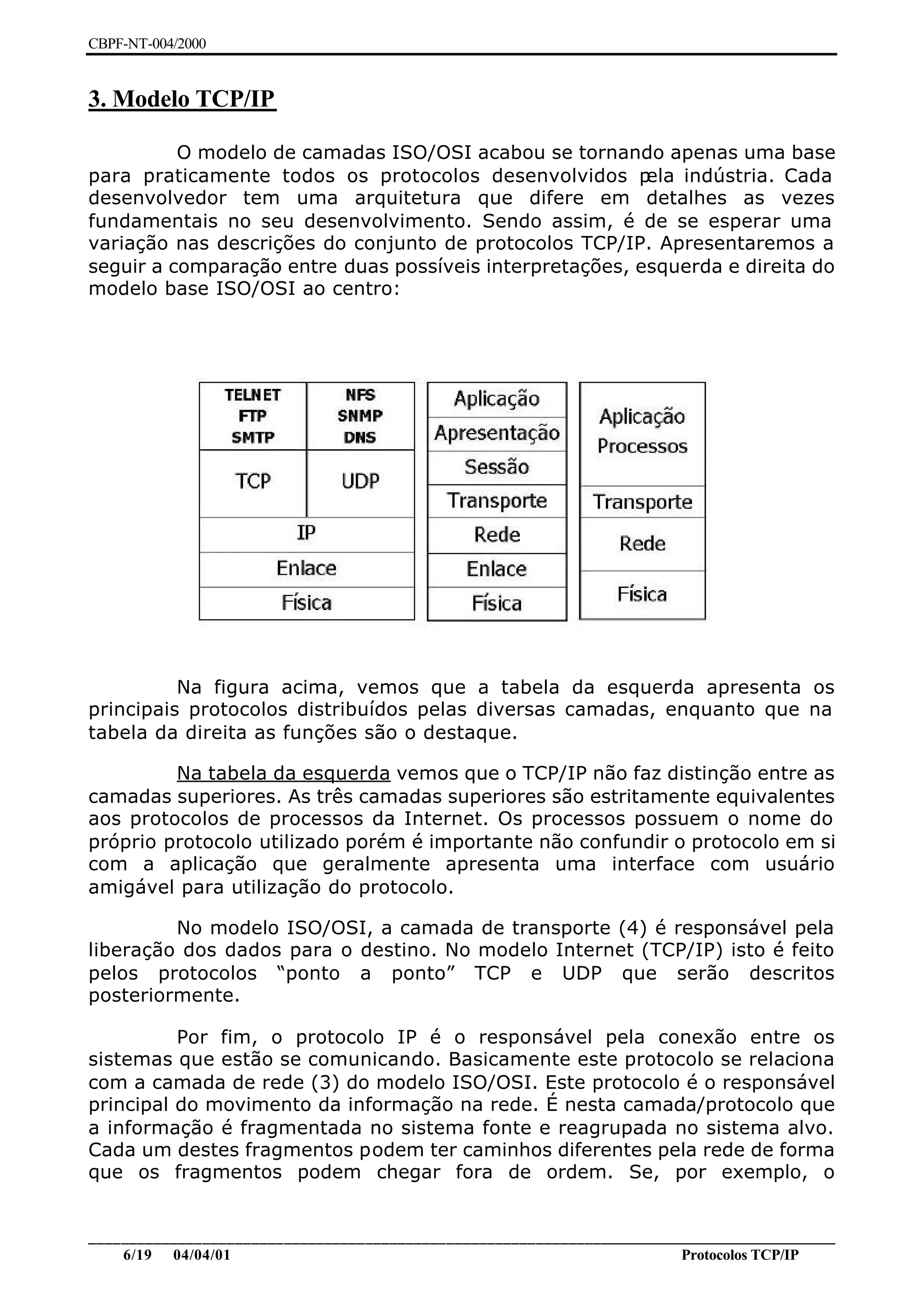 CBPF-NT-004/2000


3. Modelo TCP/IP

          O modelo de camadas ISO/OSI acabou se tornando apenas uma base
para praticamente todos os protocolos desenvolvidos p     ela indústria. Cada
desenvolvedor tem uma arquitetura que difere em detalhes as vezes
fundamentais no seu desenvolvimento. Sendo assim, é de se esperar uma
variação nas descrições do conjunto de protocolos TCP/IP. Apresentaremos a
seguir a comparação entre duas possíveis interpretações, esquerda e direita do
modelo base ISO/OSI ao centro:




          Na figura acima, vemos que a tabela da esquerda apresenta os
principais protocolos distribuídos pelas diversas camadas, enquanto que na
tabela da direita as funções são o destaque.

         Na tabela da esquerda vemos que o TCP/IP não faz distinção entre as
camadas superiores. As três camadas superiores são estritamente equivalentes
aos protocolos de processos da Internet. Os processos possuem o nome do
próprio protocolo utilizado porém é importante não confundir o protocolo em si
com a aplicação que geralmente apresenta uma interface com usuário
amigável para utilização do protocolo.

         No modelo ISO/OSI, a camada de transporte (4) é responsável pela
liberação dos dados para o destino. No modelo Internet (TCP/IP) isto é feito
pelos protocolos “ponto a ponto” TCP e UDP que serão descritos
posteriormente.

          Por fim, o protocolo IP é o responsável pela conexão entre os
sistemas que estão se comunicando. Basicamente este protocolo se relaciona
com a camada de rede (3) do modelo ISO/OSI. Este protocolo é o responsável
principal do movimento da informação na rede. É nesta camada/protocolo que
a informação é fragmentada no sistema fonte e reagrupada no sistema alvo.
Cada um destes fragmentos podem ter caminhos diferentes pela rede de forma
que os fragmentos podem chegar fora de ordem. Se, por exemplo, o


________________________________________________________________________________________________
    6/19 04/04/01                                                         Protocolos TCP/IP
 