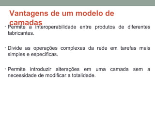Vantagens de um modelo de
camadas• Permite a interoperabilidade entre produtos de diferentes
fabricantes.
• Divide as operações complexas da rede em tarefas mais
simples e específicas.
• Permite introduzir alterações em uma camada sem a
necessidade de modificar a totalidade.
 