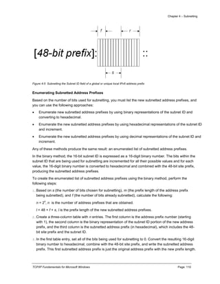 Chapter 4 – Subnetting
TCP/IP Fundamentals for Microsoft Windows Page: 110
Figure 4-5 Subnetting the Subnet ID field of a global or unique local IPv6 address prefix
Enumerating Subnetted Address Prefixes
Based on the number of bits used for subnetting, you must list the new subnetted address prefixes, and
you can use the following approaches:
 Enumerate new subnetted address prefixes by using binary representations of the subnet ID and
converting to hexadecimal.
 Enumerate the new subnetted address prefixes by using hexadecimal representations of the subnet ID
and increment.
 Enumerate the new subnetted address prefixes by using decimal representations of the subnet ID and
increment.
Any of these methods produce the same result: an enumerated list of subnetted address prefixes.
In the binary method, the 16-bit subnet ID is expressed as a 16-digit binary number. The bits within the
subnet ID that are being used for subnetting are incremented for all their possible values and for each
value, the 16-digit binary number is converted to hexadecimal and combined with the 48-bit site prefix,
producing the subnetted address prefixes.
To create the enumerated list of subnetted address prefixes using the binary method, perform the
following steps:
1.Based on s (the number of bits chosen for subnetting), m (the prefix length of the address prefix
being subnetted), and f (the number of bits already subnetted), calculate the following:
n = 2
s
, n is the number of address prefixes that are obtained.
l = 48 + f + s, l is the prefix length of the new subnetted address prefixes.
2.Create a three-column table with n entries. The first column is the address prefix number (starting
with 1), the second column is the binary representation of the subnet ID portion of the new address
prefix, and the third column is the subnetted address prefix (in hexadecimal), which includes the 48-
bit site prefix and the subnet ID.
3.In the first table entry, set all of the bits being used for subnetting to 0. Convert the resulting 16-digit
binary number to hexadecimal, combine with the 48-bit site prefix, and write the subnetted address
prefix. This first subnetted address prefix is just the original address prefix with the new prefix length.
 
