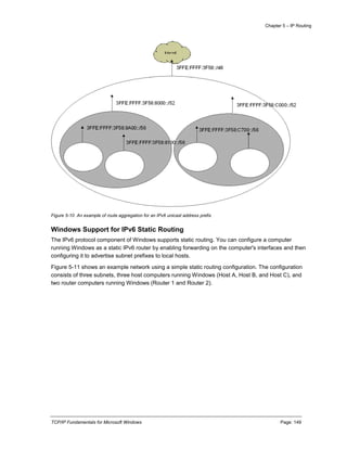 Chapter 5 – IP Routing
TCP/IP Fundamentals for Microsoft Windows Page: 149
Figure 5-10 An example of route aggregation for an IPv6 unicast address prefix
Windows Support for IPv6 Static Routing
The IPv6 protocol component of Windows supports static routing. You can configure a computer
running Windows as a static IPv6 router by enabling forwarding on the computer's interfaces and then
configuring it to advertise subnet prefixes to local hosts.
Figure 5-11 shows an example network using a simple static routing configuration. The configuration
consists of three subnets, three host computers running Windows (Host A, Host B, and Host C), and
two router computers running Windows (Router 1 and Router 2).
 