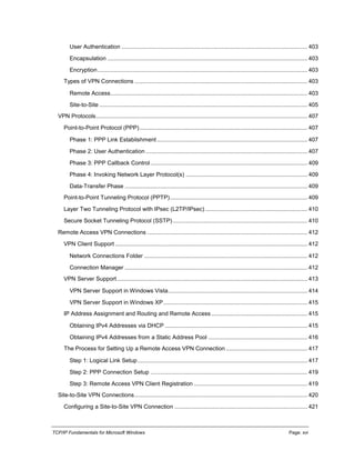 TCP/IP Fundamentals for Microsoft Windows Page: xvi
User Authentication .................................................................................................................... 403
Encapsulation ............................................................................................................................. 403
Encryption................................................................................................................................... 403
Types of VPN Connections ............................................................................................................ 403
Remote Access........................................................................................................................... 403
Site-to-Site .................................................................................................................................. 405
VPN Protocols.................................................................................................................................... 407
Point-to-Point Protocol (PPP)......................................................................................................... 407
Phase 1: PPP Link Establishment.............................................................................................. 407
Phase 2: User Authentication ..................................................................................................... 407
Phase 3: PPP Callback Control.................................................................................................. 409
Phase 4: Invoking Network Layer Protocol(s) ............................................................................ 409
Data-Transfer Phase .................................................................................................................. 409
Point-to-Point Tunneling Protocol (PPTP)...................................................................................... 409
Layer Two Tunneling Protocol with IPsec (L2TP/IPsec)................................................................ 410
Secure Socket Tunneling Protocol (SSTP) .................................................................................... 410
Remote Access VPN Connections .................................................................................................... 412
VPN Client Support ........................................................................................................................ 412
Network Connections Folder ...................................................................................................... 412
Connection Manager .................................................................................................................. 412
VPN Server Support....................................................................................................................... 413
VPN Server Support in Windows Vista....................................................................................... 414
VPN Server Support in Windows XP.......................................................................................... 415
IP Address Assignment and Routing and Remote Access ............................................................ 415
Obtaining IPv4 Addresses via DHCP ......................................................................................... 415
Obtaining IPv4 Addresses from a Static Address Pool .............................................................. 416
The Process for Setting Up a Remote Access VPN Connection ................................................... 417
Step 1: Logical Link Setup.......................................................................................................... 417
Step 2: PPP Connection Setup .................................................................................................. 419
Step 3: Remote Access VPN Client Registration ....................................................................... 419
Site-to-Site VPN Connections............................................................................................................ 420
Configuring a Site-to-Site VPN Connection ................................................................................... 421
 