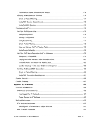 TCP/IP Fundamentals for Microsoft Windows Page: xix
Test NetBIOS Name Resolution with Nbtstat............................................................................. 474
Verifying IPv4-based TCP Sessions .............................................................................................. 474
Check for Packet Filtering........................................................................................................... 474
Verify TCP Session Establishment............................................................................................. 475
Verify NetBIOS Sessions............................................................................................................ 475
Troubleshooting IPv6 ......................................................................................................................... 476
Verifying IPv6 Connectivity............................................................................................................. 476
Verify Configuration .................................................................................................................... 476
Manage Configuration ................................................................................................................ 477
Verify Reachability...................................................................................................................... 477
Check Packet Filtering................................................................................................................ 478
View and Manage the IPv6 Routing Table ................................................................................. 479
Verify Router Reliability .............................................................................................................. 479
Verifying DNS Name Resolution for IPv6 Addresses .................................................................... 479
Verify DNS Configuration............................................................................................................ 479
Display and Flush the DNS Client Resolver Cache ................................................................... 480
Test DNS Name Resolution with the Ping Tool.......................................................................... 480
Use the Nslookup Tool to View DNS Server Responses ........................................................... 480
Verifying IPv6-based TCP Connections......................................................................................... 480
Check for Packet Filtering........................................................................................................... 480
Verify TCP Connection Establishment ....................................................................................... 481
Chapter Summary.............................................................................................................................. 482
Chapter Glossary ............................................................................................................................... 483
Appendix A – IP Multicast................................................................................................................... 485
Overview of IP Multicast .................................................................................................................... 486
IP Multicast-Enabled Intranet ......................................................................................................... 486
Host Support for IP Multicast...................................................................................................... 487
Router Support for IP Multicast .................................................................................................. 487
Multicast Addresses........................................................................................................................... 490
IPv4 Multicast Addresses............................................................................................................... 490
Mapping IPv4 Multicast to MAC-Layer Multicast........................................................................ 490
IPv6 Multicast Addresses............................................................................................................... 491
 