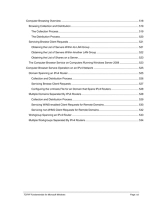 TCP/IP Fundamentals for Microsoft Windows Page: xxi
Computer Browsing Overview ........................................................................................................... 518
Browsing Collection and Distribution.............................................................................................. 519
The Collection Process............................................................................................................... 519
The Distribution Process............................................................................................................. 520
Servicing Browse Client Requests ................................................................................................. 521
Obtaining the List of Servers Within its LAN Group ................................................................... 521
Obtaining the List of Servers Within Another LAN Group .......................................................... 522
Obtaining the List of Shares on a Server.................................................................................... 523
The Computer Browser Service on Computers Running Windows Server 2008 .......................... 523
Computer Browser Service Operation on an IPv4 Network .............................................................. 525
Domain Spanning an IPv4 Router.................................................................................................. 525
Collection and Distribution Process............................................................................................ 526
Servicing Browse Client Requests ............................................................................................. 527
Configuring the Lmhosts File for an Domain that Spans IPv4 Routers...................................... 528
Multiple Domains Separated By IPv4 Routers............................................................................... 528
Collection and Distribution Process............................................................................................ 529
Servicing WINS-enabled Client Requests for Remote Domains................................................ 530
Servicing non-WINS Client Requests for Remote Domains....................................................... 532
Workgroup Spanning an IPv4 Router ............................................................................................ 533
Multiple Workgroups Separated By IPv4 Routers.......................................................................... 534
 