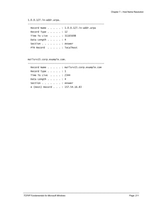 Chapter 7 – Host Name Resolution
TCP/IP Fundamentals for Microsoft Windows Page: 211
1.0.0.127.in-addr.arpa.
------------------------------------------------------
Record Name . . . . . : 1.0.0.127.in-addr.arpa
Record Type . . . . . : 12
Time To Live . . . . : 31165698
Data Length . . . . . : 4
Section . . . . . . . : Answer
PTR Record . . . . . : localhost
mailsrv15.corp.example.com.
------------------------------------------------------
Record Name . . . . . : mailsrv15.corp.example.com
Record Type . . . . . : 1
Time To Live . . . . : 2344
Data Length . . . . . : 4
Section . . . . . . . : Answer
A (Host) Record . . . : 157.54.16.83
 