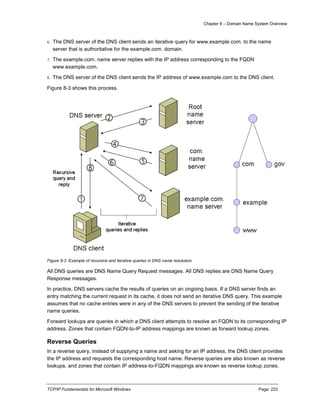 Chapter 8 – Domain Name System Overview
TCP/IP Fundamentals for Microsoft Windows Page: 223
6. The DNS server of the DNS client sends an iterative query for www.example.com. to the name
server that is authoritative for the example.com. domain.
7. The example.com. name server replies with the IP address corresponding to the FQDN
www.example.com.
8. The DNS server of the DNS client sends the IP address of www.example.com to the DNS client.
Figure 8-3 shows this process.
Figure 8-3 Example of recursive and iterative queries in DNS name resolution
All DNS queries are DNS Name Query Request messages. All DNS replies are DNS Name Query
Response messages.
In practice, DNS servers cache the results of queries on an ongoing basis. If a DNS server finds an
entry matching the current request in its cache, it does not send an iterative DNS query. This example
assumes that no cache entries were in any of the DNS servers to prevent the sending of the iterative
name queries.
Forward lookups are queries in which a DNS client attempts to resolve an FQDN to its corresponding IP
address. Zones that contain FQDN-to-IP address mappings are known as forward lookup zones.
Reverse Queries
In a reverse query, instead of supplying a name and asking for an IP address, the DNS client provides
the IP address and requests the corresponding host name. Reverse queries are also known as reverse
lookups, and zones that contain IP address-to-FQDN mappings are known as reverse lookup zones.
 