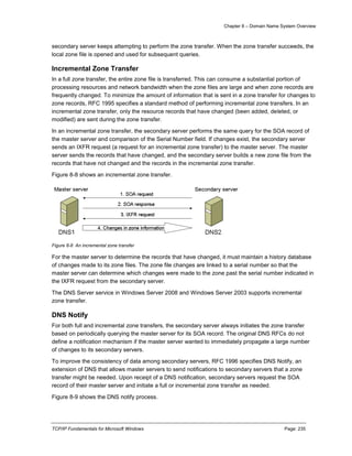 Chapter 8 – Domain Name System Overview
TCP/IP Fundamentals for Microsoft Windows Page: 235
secondary server keeps attempting to perform the zone transfer. When the zone transfer succeeds, the
local zone file is opened and used for subsequent queries.
Incremental Zone Transfer
In a full zone transfer, the entire zone file is transferred. This can consume a substantial portion of
processing resources and network bandwidth when the zone files are large and when zone records are
frequently changed. To minimize the amount of information that is sent in a zone transfer for changes to
zone records, RFC 1995 specifies a standard method of performing incremental zone transfers. In an
incremental zone transfer, only the resource records that have changed (been added, deleted, or
modified) are sent during the zone transfer.
In an incremental zone transfer, the secondary server performs the same query for the SOA record of
the master server and comparison of the Serial Number field. If changes exist, the secondary server
sends an IXFR request (a request for an incremental zone transfer) to the master server. The master
server sends the records that have changed, and the secondary server builds a new zone file from the
records that have not changed and the records in the incremental zone transfer.
Figure 8-8 shows an incremental zone transfer.
Figure 8-8 An incremental zone transfer
For the master server to determine the records that have changed, it must maintain a history database
of changes made to its zone files. The zone file changes are linked to a serial number so that the
master server can determine which changes were made to the zone past the serial number indicated in
the IXFR request from the secondary server.
The DNS Server service in Windows Server 2008 and Windows Server 2003 supports incremental
zone transfer.
DNS Notify
For both full and incremental zone transfers, the secondary server always initiates the zone transfer
based on periodically querying the master server for its SOA record. The original DNS RFCs do not
define a notification mechanism if the master server wanted to immediately propagate a large number
of changes to its secondary servers.
To improve the consistency of data among secondary servers, RFC 1996 specifies DNS Notify, an
extension of DNS that allows master servers to send notifications to secondary servers that a zone
transfer might be needed. Upon receipt of a DNS notification, secondary servers request the SOA
record of their master server and initiate a full or incremental zone transfer as needed.
Figure 8-9 shows the DNS notify process.
 